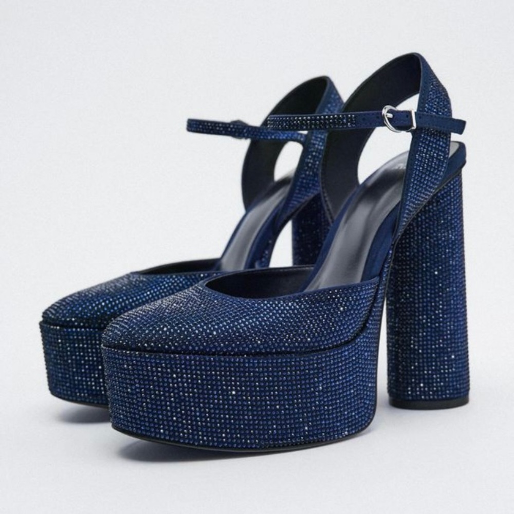 Zara rhinestone platform heels blue crystals